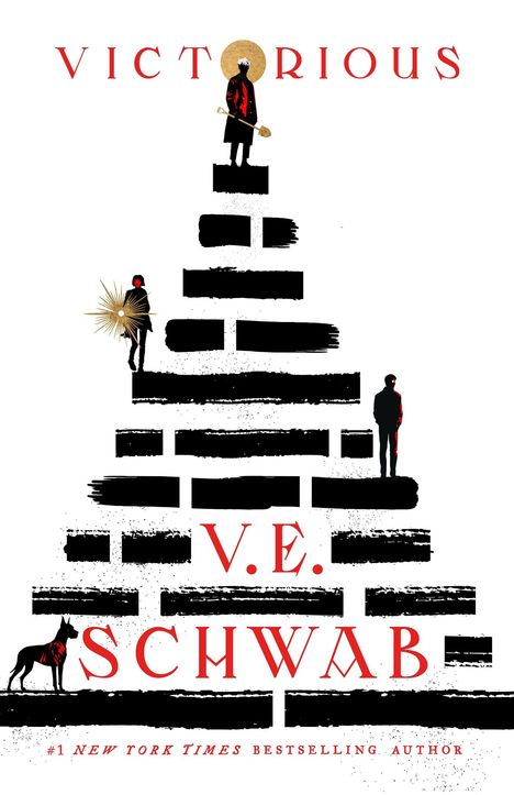 „VICTORIOUS“ und „V. E. SCHWAB“ in Rot. Silhouetten von Figuren auf gestapelten, schwarzen Balken. Ein Hund links unten.