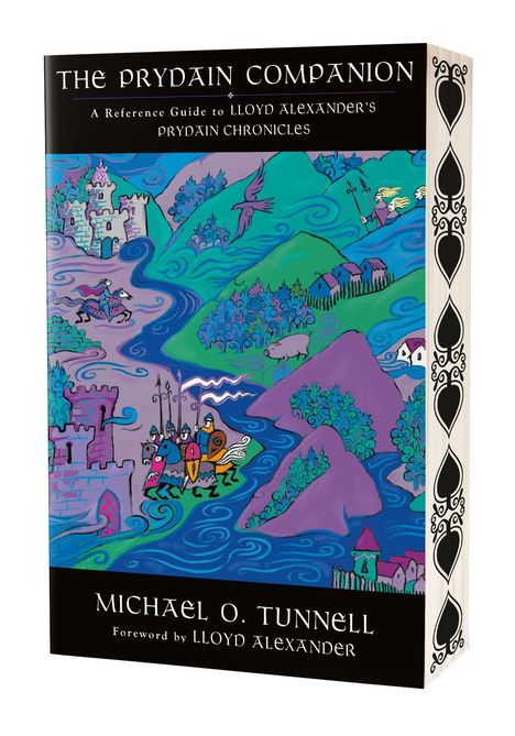 "The Prydain Companion" von Michael O. Tunnell. Farbige Illustration: Burgen, Fluss, Reiter, Landschaft, dekorativer Rand.