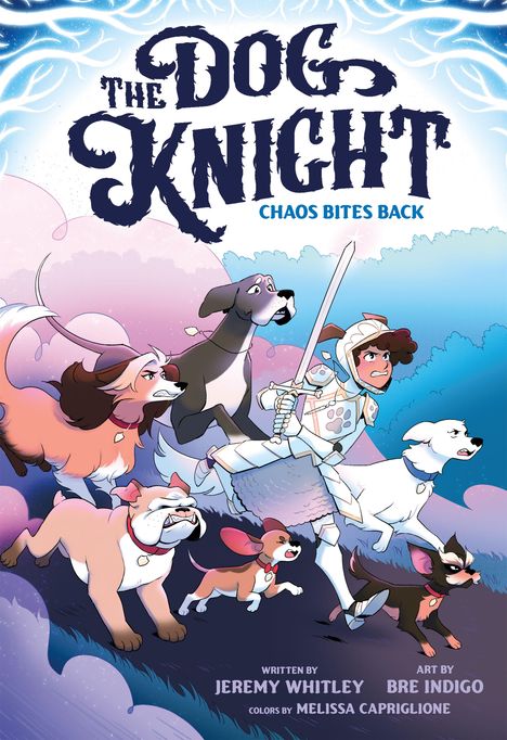 Text: "The Dog Knight: Chaos Bites Back". Illustration: Ein Mensch in Rüstung mit Schwert, umgeben von Hunden.