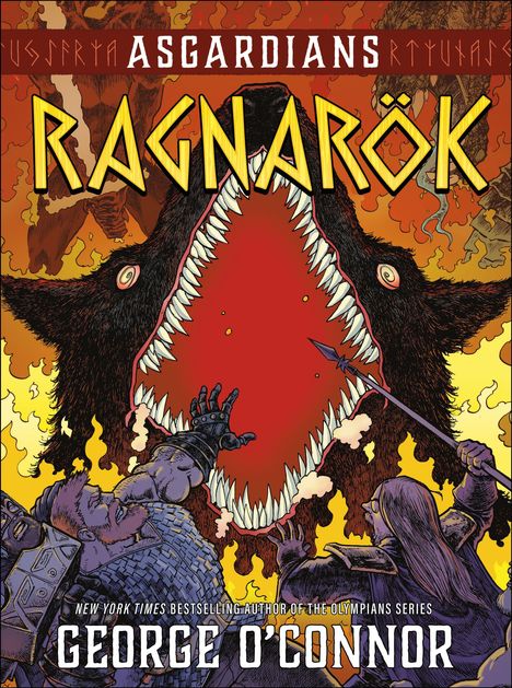 "ASGARDIANS: RAGNARÖK" in kräftigen Farben, zeigt Krieger, kämpfend gegen ein riesiges, feuerspeiendes Wolfsgesicht.