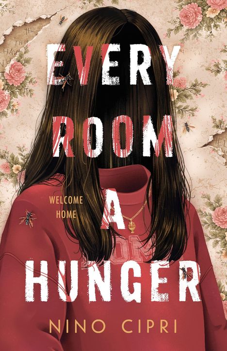 „EVERY ROOM A HUNGER. WELCOME HOME. NINO CIPRI.“ Eine Figur mit langen Haaren vor blumiger Tapete, Insekten umher.