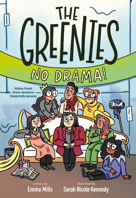 "The Greenies: No Drama!" Sechs Comicfiguren sitzen und stehen um ein Sofa, darunter ein Eimer und ein Buch.