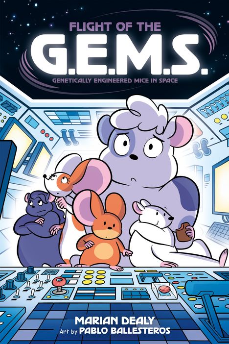 "Flight of the G.E.M.S.: Genetically Engineered Mice in Space", Illustration von Mäusen im Raumschiffcockpit.