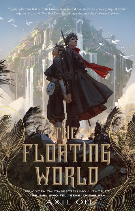 "THE FLOATING WORLD" in großen Buchstaben. Darunter stehen zwei Figuren vor einem Wasserfall und schwebenden Gebäuden.