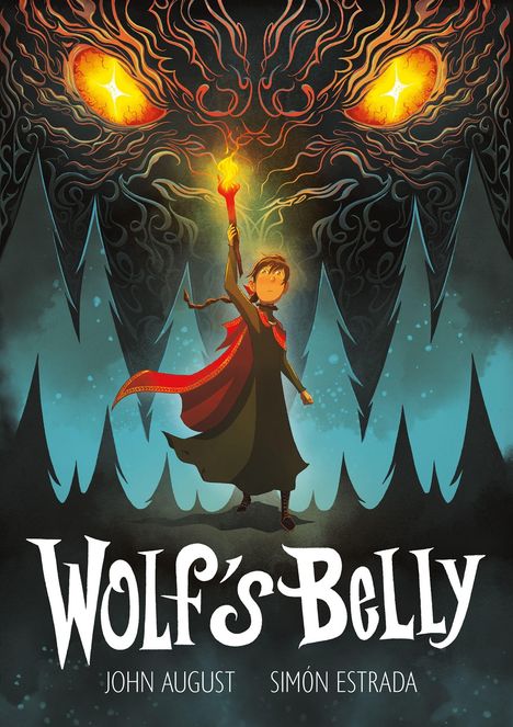 „Wolf's Belly". Ein Junge, rot gekleidet, hält eine Fackel. Große, leuchtende Augen schauen aus der Dunkelheit.