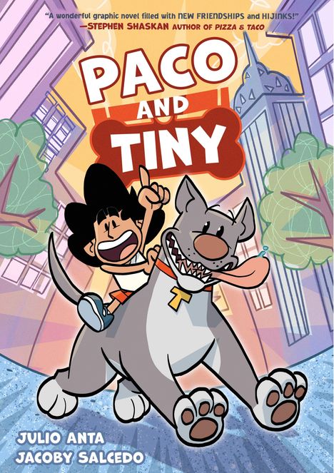 "PACO AND TINY" steht in großen Buchstaben. Ein Junge reitet fröhlich auf einem großen, lächelnden Hund in einer Zeichnung.