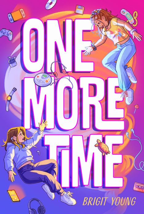 „ONE MORE TIME“, „BRIGIT YOUNG“. Zwei Personen treiben vor buntem Hintergrund, umgeben von Retro-Technik.