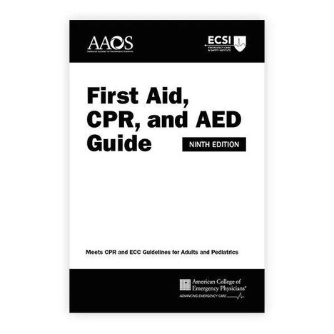 „First Aid, CPR, and AED Guide, Ninth Edition“ mit Logos von AAOS und ECSI. Text erklärt Richtlinien für Erwachsene.