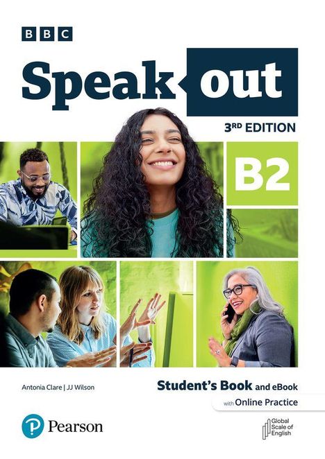 "Speakout 3rd Edition B2 Student’s Book with Online Practice." Ein Mosaik aus Menschen in lebhaften, freundlichen Szenen.