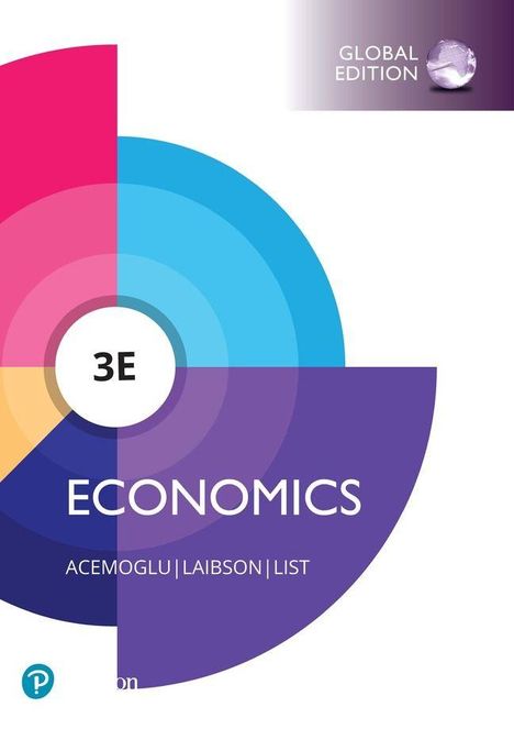 Text: "3E", "ECONOMICS", "GLOBAL EDITION", "ACEMOGLU | LAIBSON | LIST". Halbkreise in Blau, Pink und Violettdominiert.