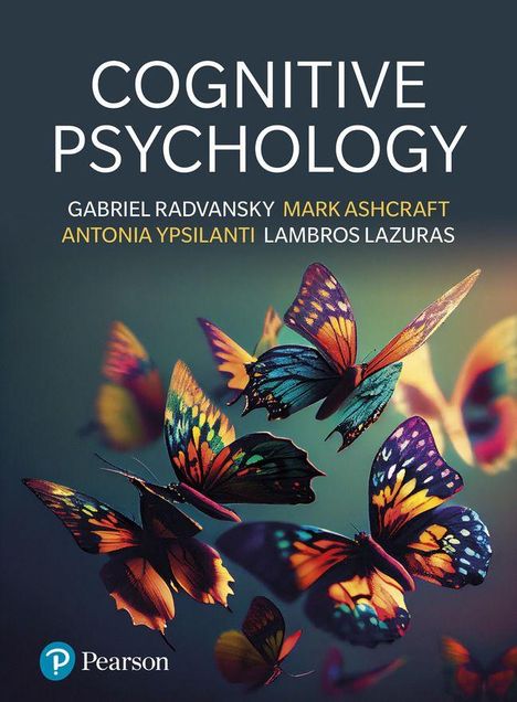 „COGNITIVE PSYCHOLOGY“ und Autorennamen in Weiß und Gelb, darunter farbenfrohe Schmetterlinge auf dunklem Hintergrund.