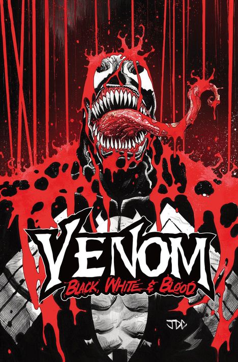 „VENOM: Black, White & Blood“ in stilisierten Buchstaben. Illustration eines Wesens mit großem Maul und Zunge in Rot, Weiß, Schwarz.