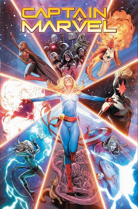 "CAPTAIN MARVEL" in gelbem Text. Verschiedene heldenhafte Figuren in kraftvollen Posen in einem bunten, strahlenden Design.