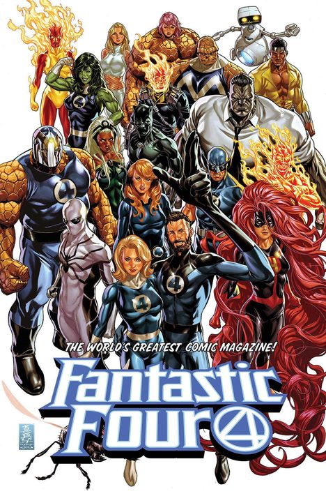 "The World's Greatest Comic Magazine! Fantastic Four" steht vor mehreren Superhelden in Kostümen.