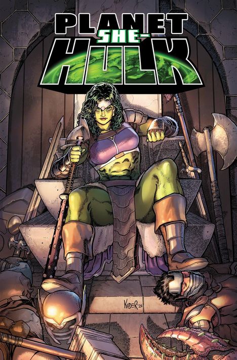"PLANET SHE-HULK" oben. Kriegerin in Rüstung sitzt auf einem Thron, Schwerter und Äxte umgeben sie, eindrucksvoll und stark.