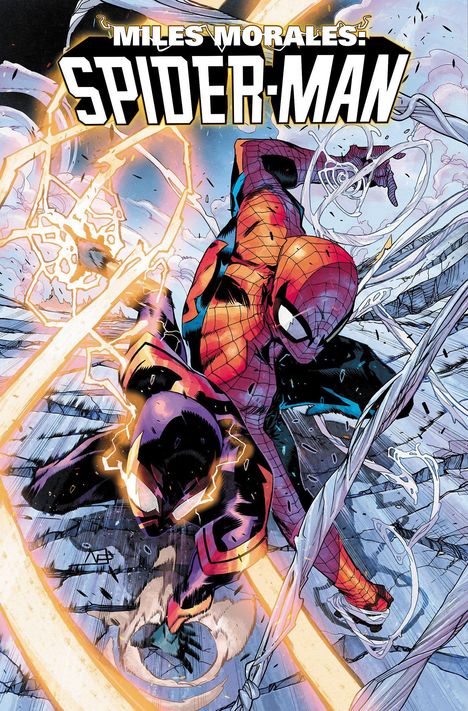 "Miles Morales: Spider-Man" steht oben. Illustration zeigt Spider-Man im Kampf, umgeben von Blitzen und Energie.