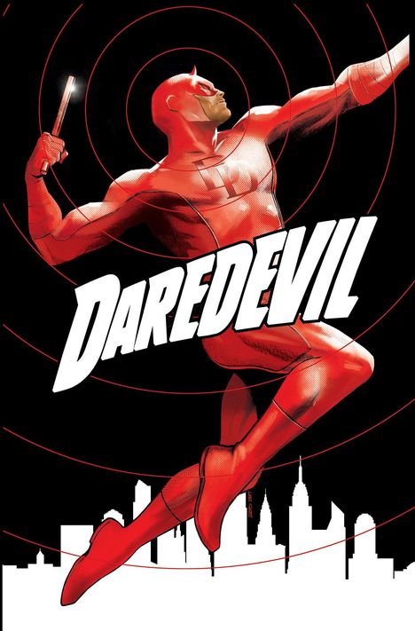 "Daredevil" steht in großen weißen Buchstaben. Eine rote Superhelden-Illustration mit Stab, vor einer Stadtsilhouette.