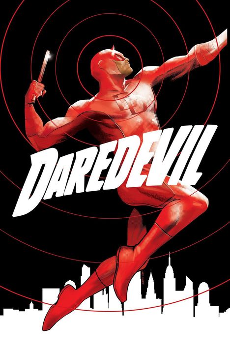 Text "DAREDEVIL". Illustration eines stilisierten roten Helden mit Stäben, über einer Stadtsilhouette und roten Kreisen.
