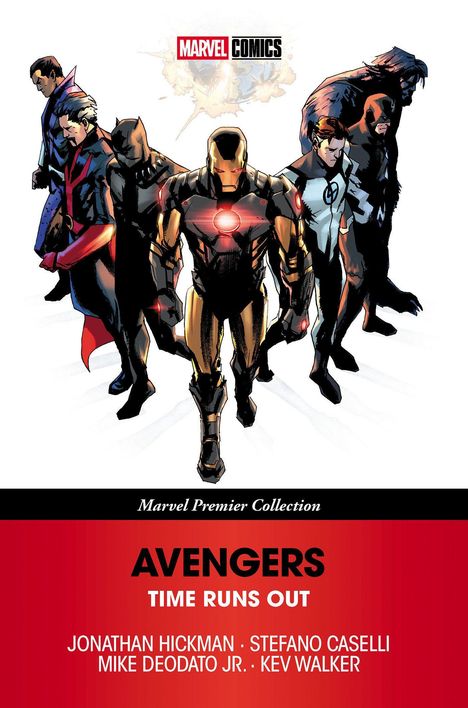 „Marvel Comics“, „Marvel Premier Collection“, „AVENGERS: TIME RUNS OUT“. Illustration von sechs Superhelden.