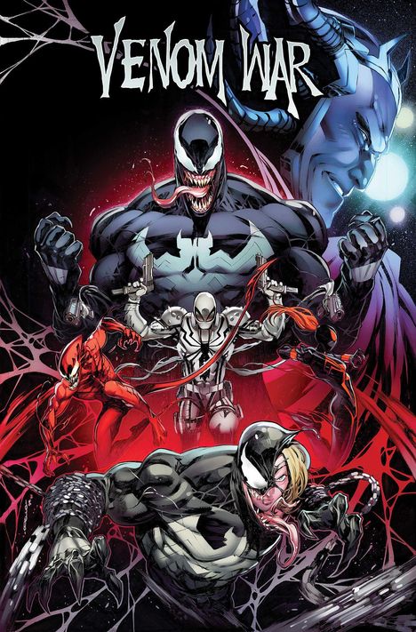 Text: "VENOM WAR". Comic-Illustration mit mehreren Figuren. Dominiert von Venom, schwarzer Körper, große Zähne.