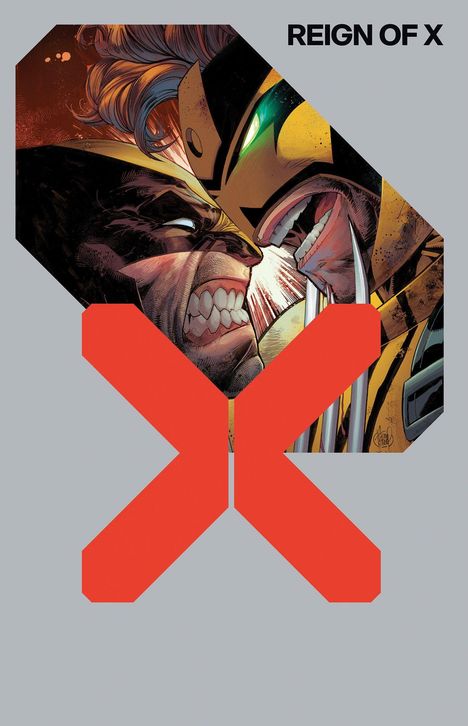 Oben steht „REIGN OF X“. Illustration: Zwei Figuren mit grimmigen Gesichtern und scharfen Zähnen, in einem Kampf.