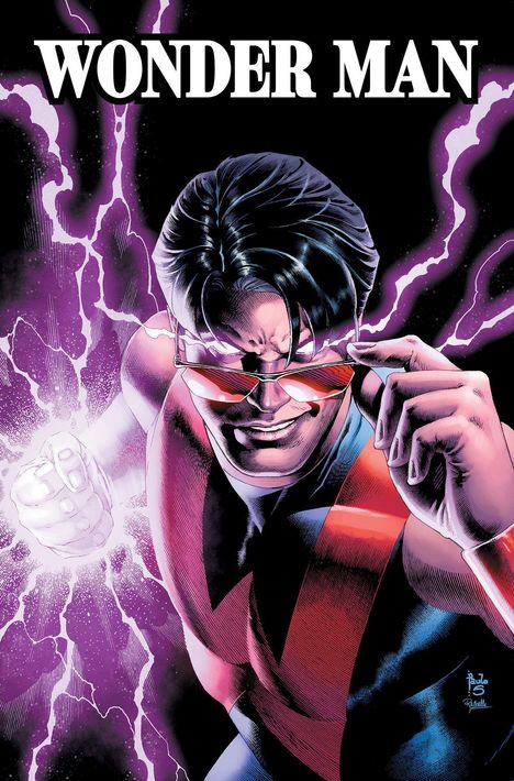 „WONDER MAN“ steht oben. Illustration eines Mannes mit roter Sonnenbrille und violetter Energie in der geballten Faust.