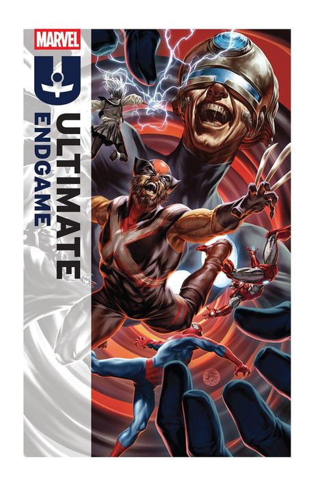 "ULTIMATE ENDGAME" und "MARVEL" sind zu lesen. Eine actionreiche Illustration mit mehreren dynamischen Superhelden.