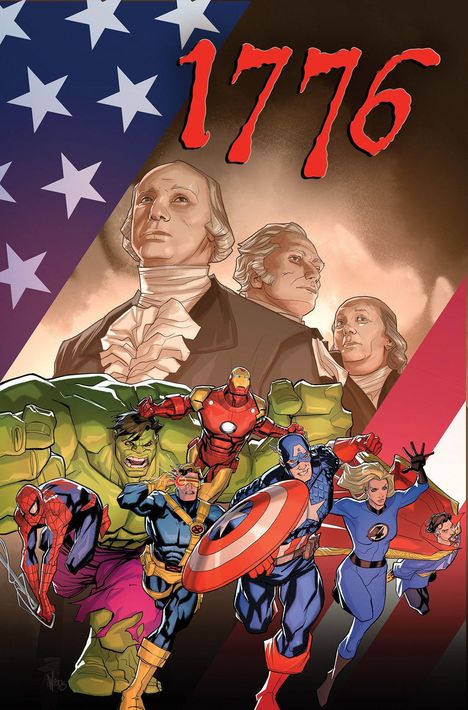"1776" in großen roten Ziffern. Darunter historische Figuren und Superhelden wie Hulk und Captain America.