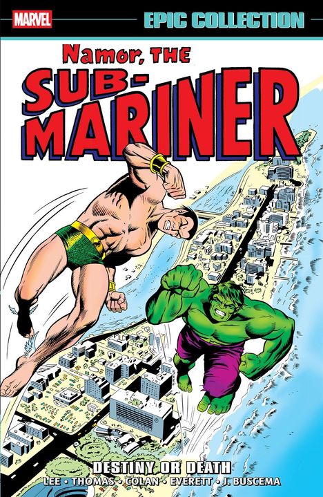 Text: "Namor, The Sub-Mariner", "Destiny or Death". Zwei Superhelden fliegen über eine Stadt am Meer. Comic-Stil.