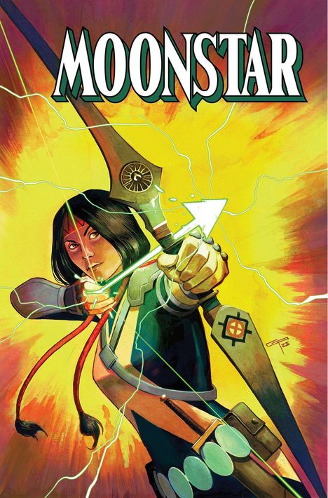 "Moonstar" steht oben. Ein Krieger mit Pfeil und Bogen zielt. Umgeben von gelber Energie. Comic-Stil.