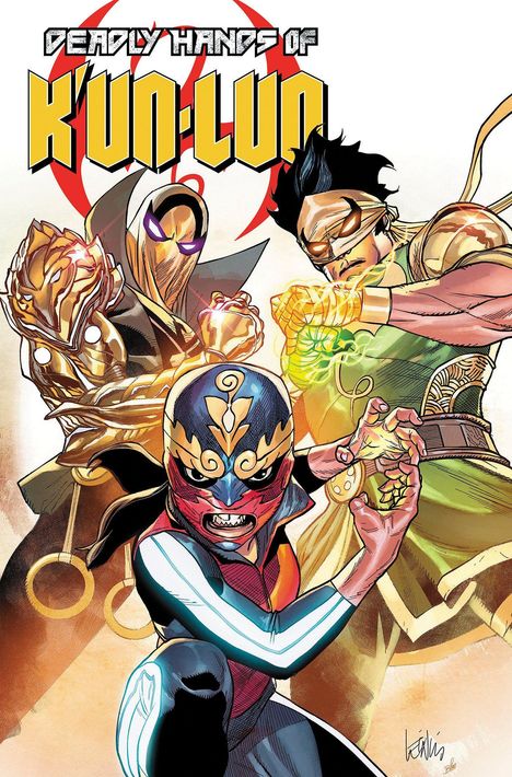 "Deadly Hands of K'un-Lun" steht oben. Drei maskierte Kämpfer in dynamischen Posen, Energie in ihren Händen. 