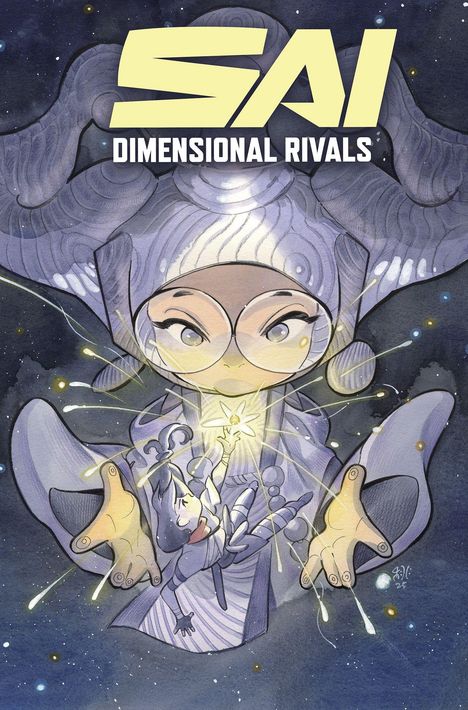 "SAI: DIMENSIONAL RIVALS" in großen Buchstaben. Eine Illustration zeigt eine Figur mit Brille, die einen kleinen leuchtenden Charakter hält.