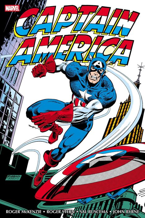 Text: "CAPTAIN AMERICA". Illustration eines Superhelden in Aktion, mit Schild, umgeben von Gebäuden.