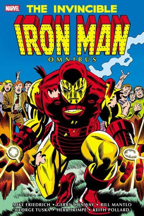 "THE INVINCIBLE IRON MAN OMNIBUS" oben; Iron Man in dynamischer Pose, Menschen im Hintergrund wirken erstaunt. Comic-Stil.