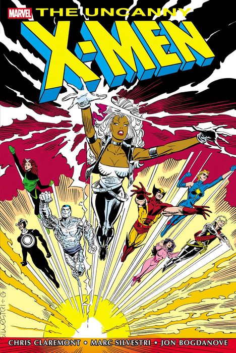 "The Uncanny X-Men", Comic-Illustration. Superhelden fliegen kraftvoll aus einer Explosion.
