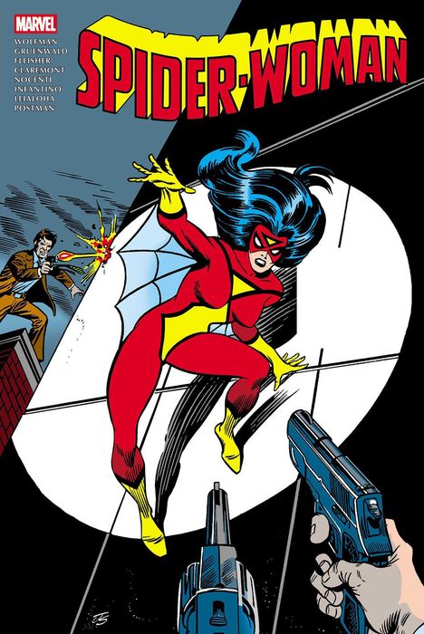 "SPIDER-WOMAN" in roter Schrift. Illustration zeigt Spider-Woman in rotem Anzug, springt, wird von zwei Waffen bedroht.