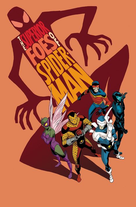 "The Superior Foes of Spider-Man" steht auf einem stilisierten Schatten von Spider-Man, darunter fünf Superhelden in Pose.