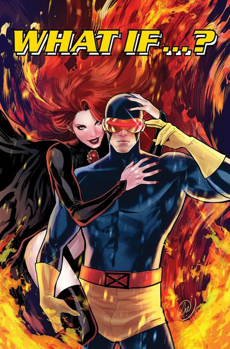Der Text "WHAT IF...?" ist oben. Illustration: Zwei Helden in dynamischer Pose, umgeben von Flammen.