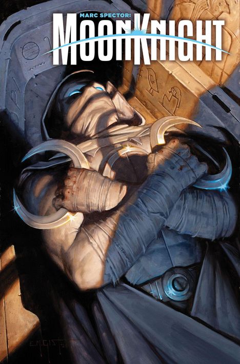 Text: "Marc Spector: Moon Knight". Illustration eines maskierten Kriegers, der mit verschränkten Armen zwei Halbmond-Waffen hält.