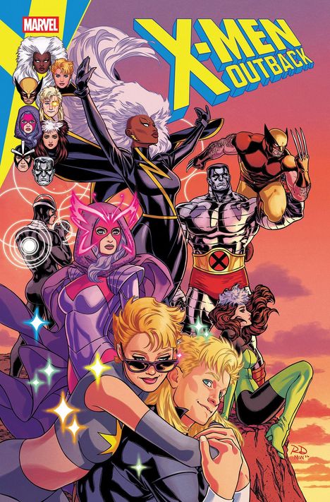 Text "X-Men Outback". Helden in bunten Kostümen, starke Posen, dramatischer Himmel im Hintergrund. Eine Comic-Illustration.