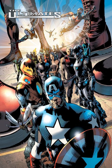 "The Ultimates", eine Illustration zeigt kostümierte Helden, dominiert von Captain America, Iron Man und anderen Charakteren.