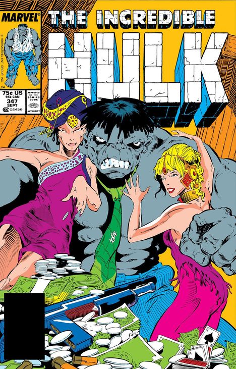 "The Incredible Hulk". Grau-grüner Riese mit zwei Frauen. Geldscheine, Münzen und ein Gewehr sind vor ihnen. Comic-Stil.