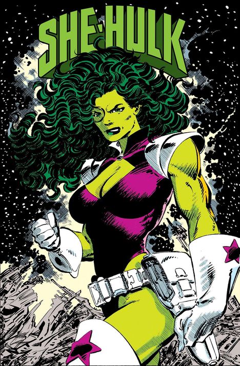 Text oben: "SHE-HULK". Illustration einer grünhäutigen Frau mit lockigem Haar in lila Anzug und weißem Zubehör.