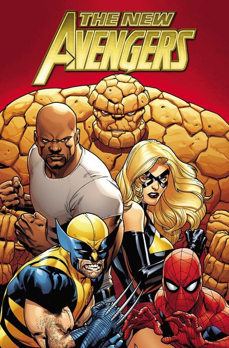 „The New Avengers“ in gold. Helden posieren dynamisch, darunter ein steiniger Riese, eine blonde Frau und ein maskierter Mann.