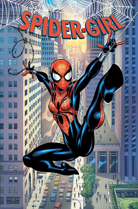 "SPIDER-GIRL" in roten Buchstaben. Eine Figur in einem Spinnenanzug schwingt durch die Hochhäuser einer Stadt.