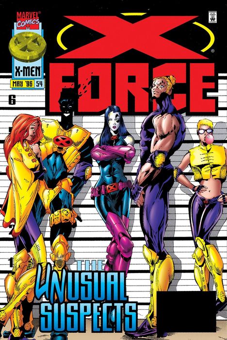 "X-Force", "The Unusual Suspects". Fünf bunte Figuren in heroischen Posen vor einer Verbrecherkartei. Comics-Stil.