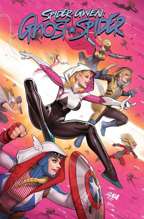 Text: "Spider-Gwen: Ghost-Spider". Illustration von Heldinnen in actionreichen Posen vor einem pinken Hintergrund.