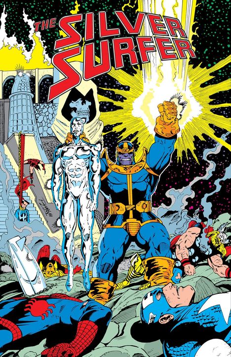 Titel "The Silver Surfer". Eine dramatische Szene mit charismatischem, muskulösen Charakter in Rüstung, andere liegen am Boden.
