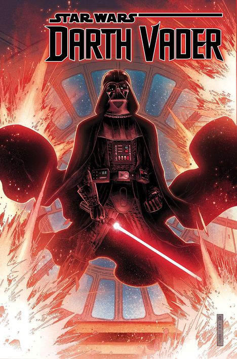 "Star Wars: Darth Vader" als Text. Illustration: Darth Vader umgeben von Explosionen und mit rotem Lichtschwert.