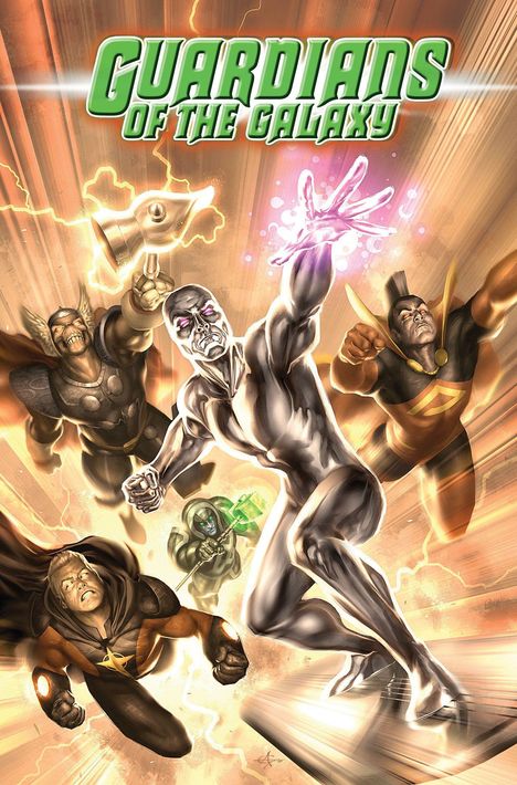 "Guardians of the Galaxy" oben. Illustration mit sechs Superhelden in dynamischen Posen, umgeben von Energieblitzen.